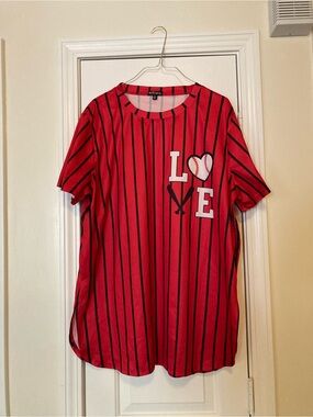Top Fashion Women's Black Red Striped Baseball Heart Short Sleeve Jersey Top
